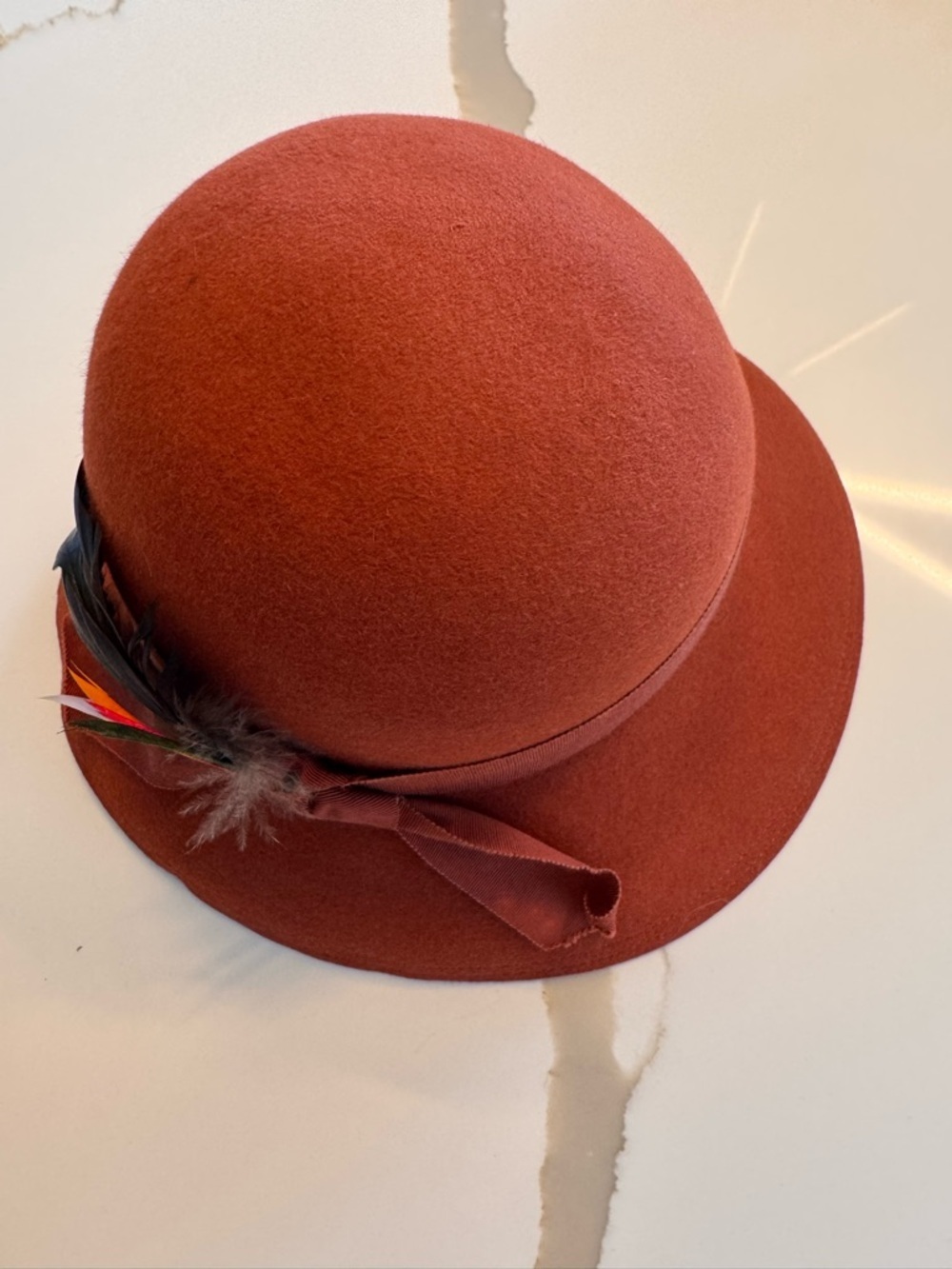 Vintage Style Wool-Feel Cloche Hat Rust Feather Detail - AS IS - Picture 3 of 12